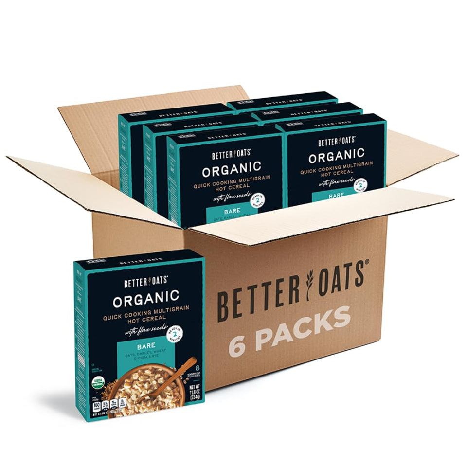 Better Oats Bare Multigrain box front highlights organic ingredients for a hearty breakfast