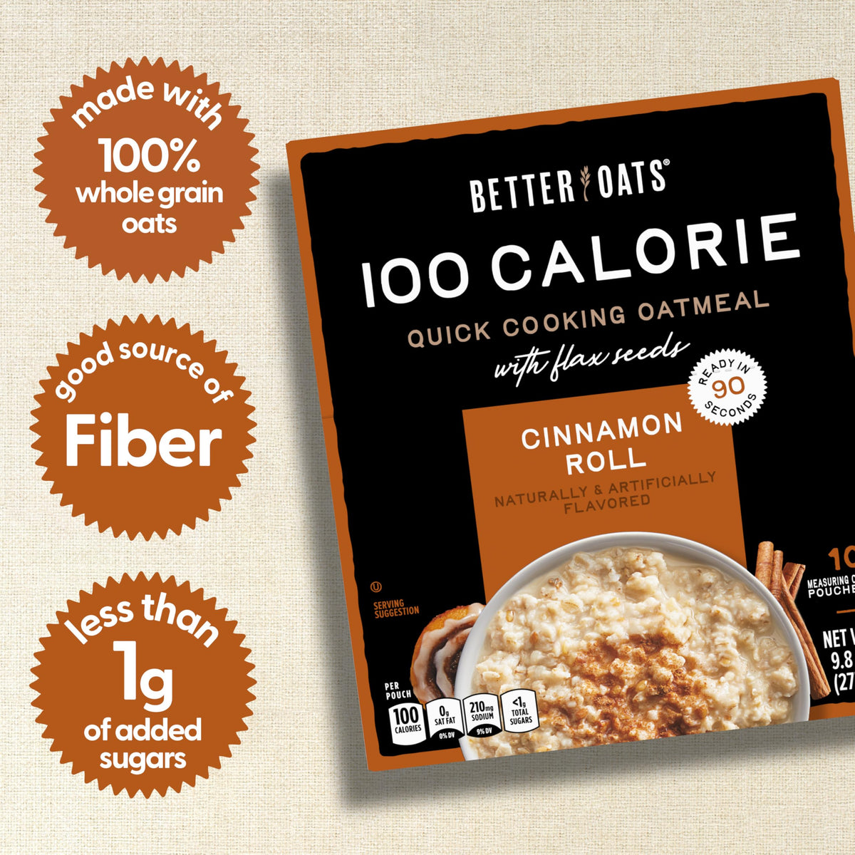 Better Oats cinnamon roll packets close-up showing flax seeds for texture and added fiber.
