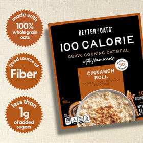 Better Oats cinnamon roll packets close-up showing flax seeds for texture and added fiber.