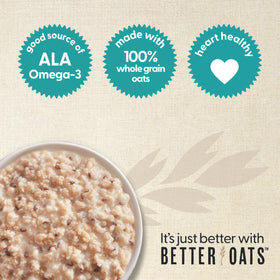 Flax seeds visible in Better Oats mix adding texture and fiber to breakfast oats.