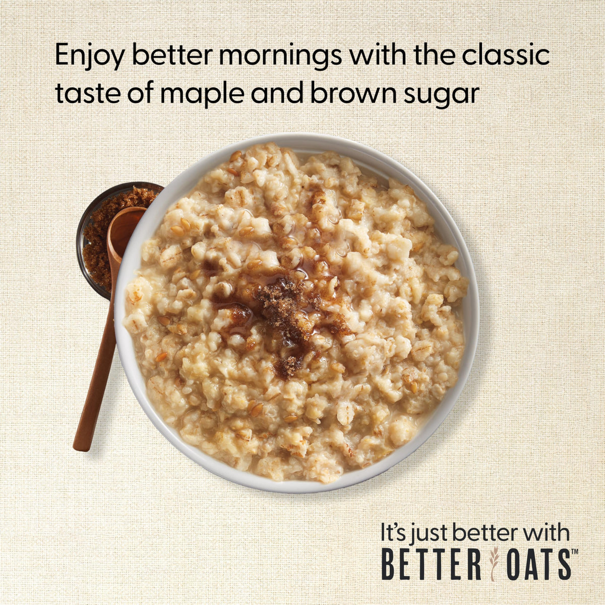 Flax seeds visible in Better Oats pouch for added texture and fiber appeal.