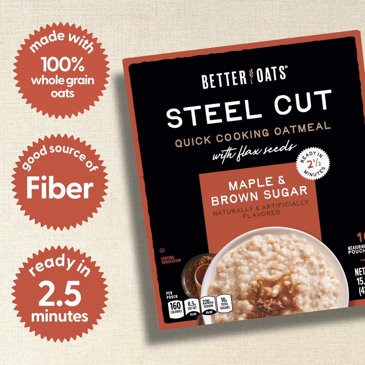 Better Oats Maple Brown Sugar steel cut oatmeal bowl ready to eat.