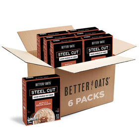Better Oats Maple Brown Sugar steel cut oatmeal packet poured for quick breakfast.