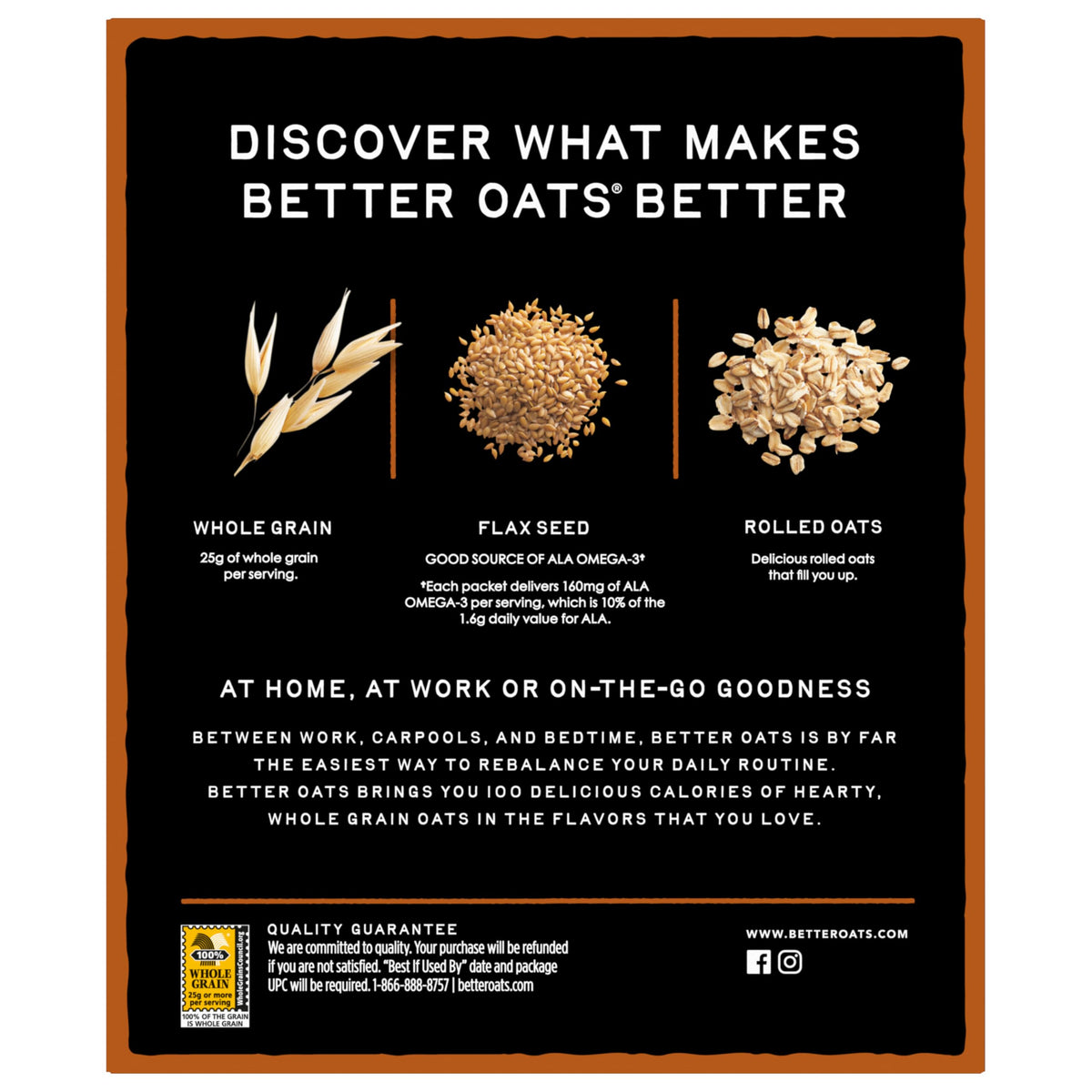 Nutrition label highlights whole grain content and low added sugar.