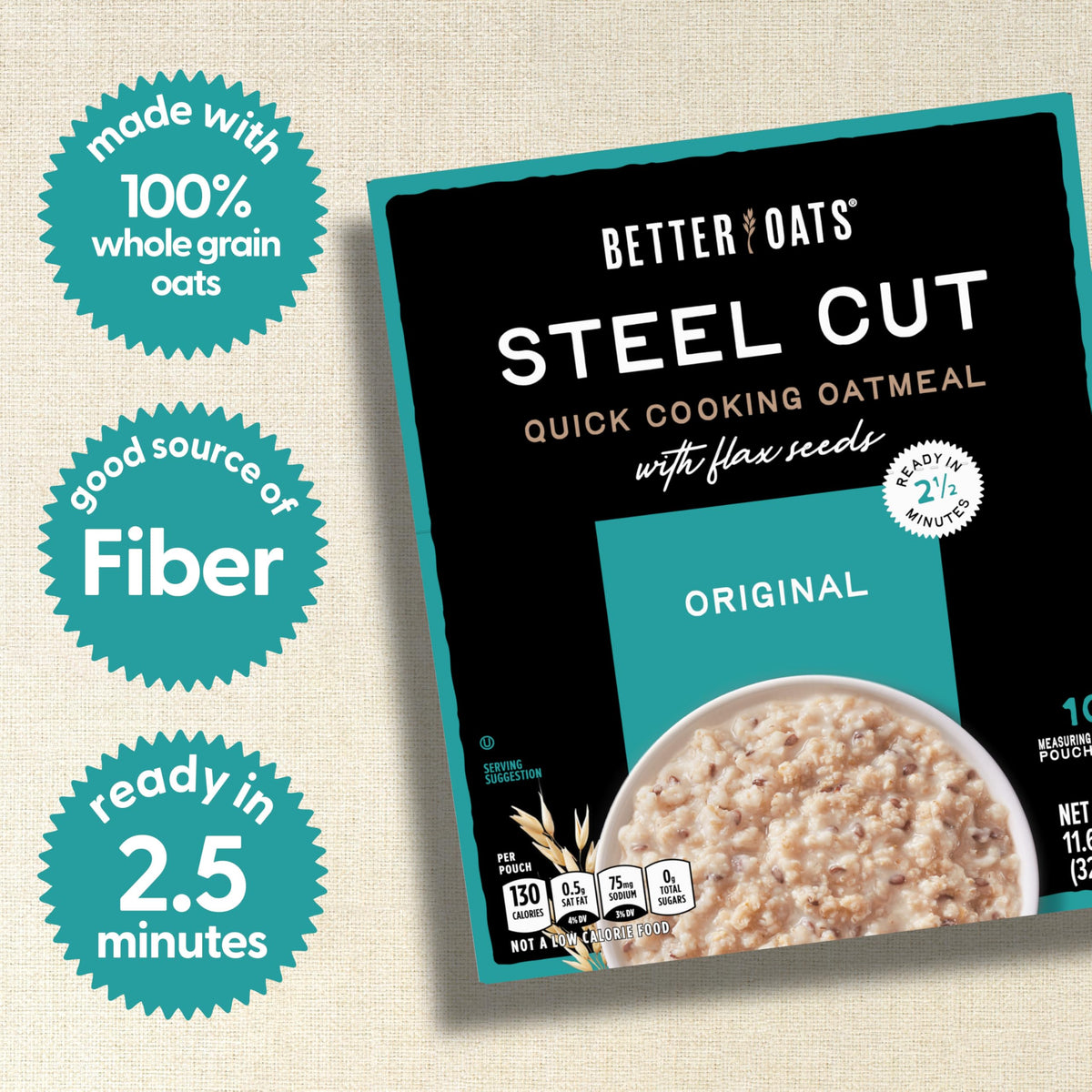 Better Oats pouch with measuring line shows 2.5-minute cook time for a quick breakfast.
