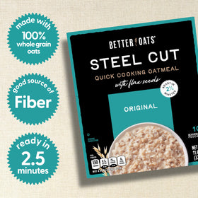 Better Oats pouch with measuring line shows 2.5-minute cook time for a quick breakfast.