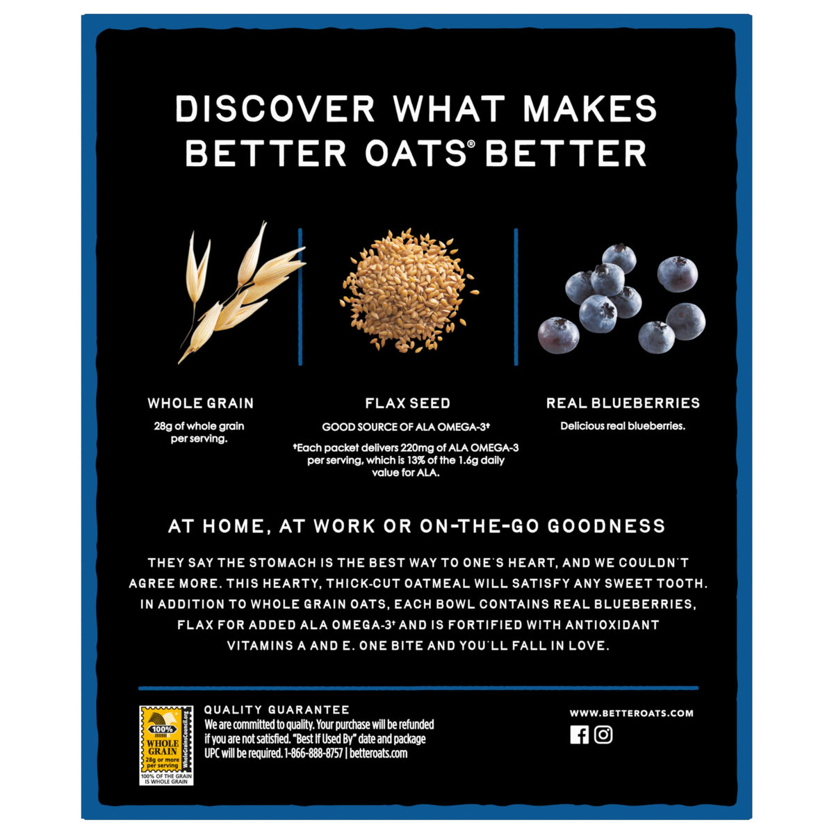 Close-up of real blueberries in Better Oats oatmeal packaging