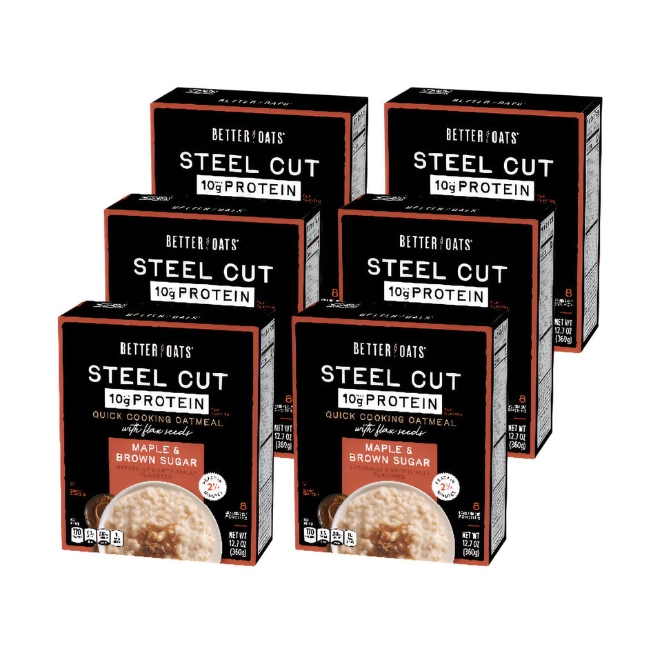 Better Oats steel cut protein oatmeal packet with maple brown sugar, a protein-packed breakfast option