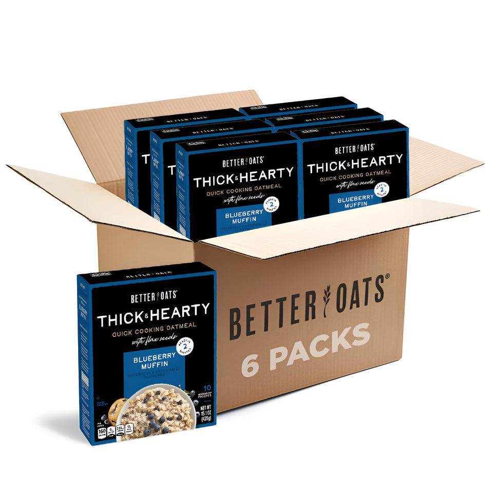 Better Oats Thick and Hearty Blueberry Muffin oatmeal box ready for a quick, satisfying breakfast