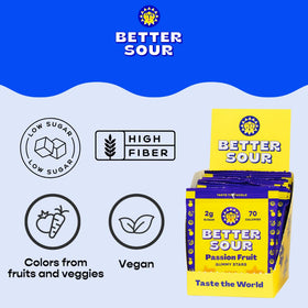 Better Sour Passion Fruit Gummy Stars closeup, tangy texture highlights crave-worthy flavor.