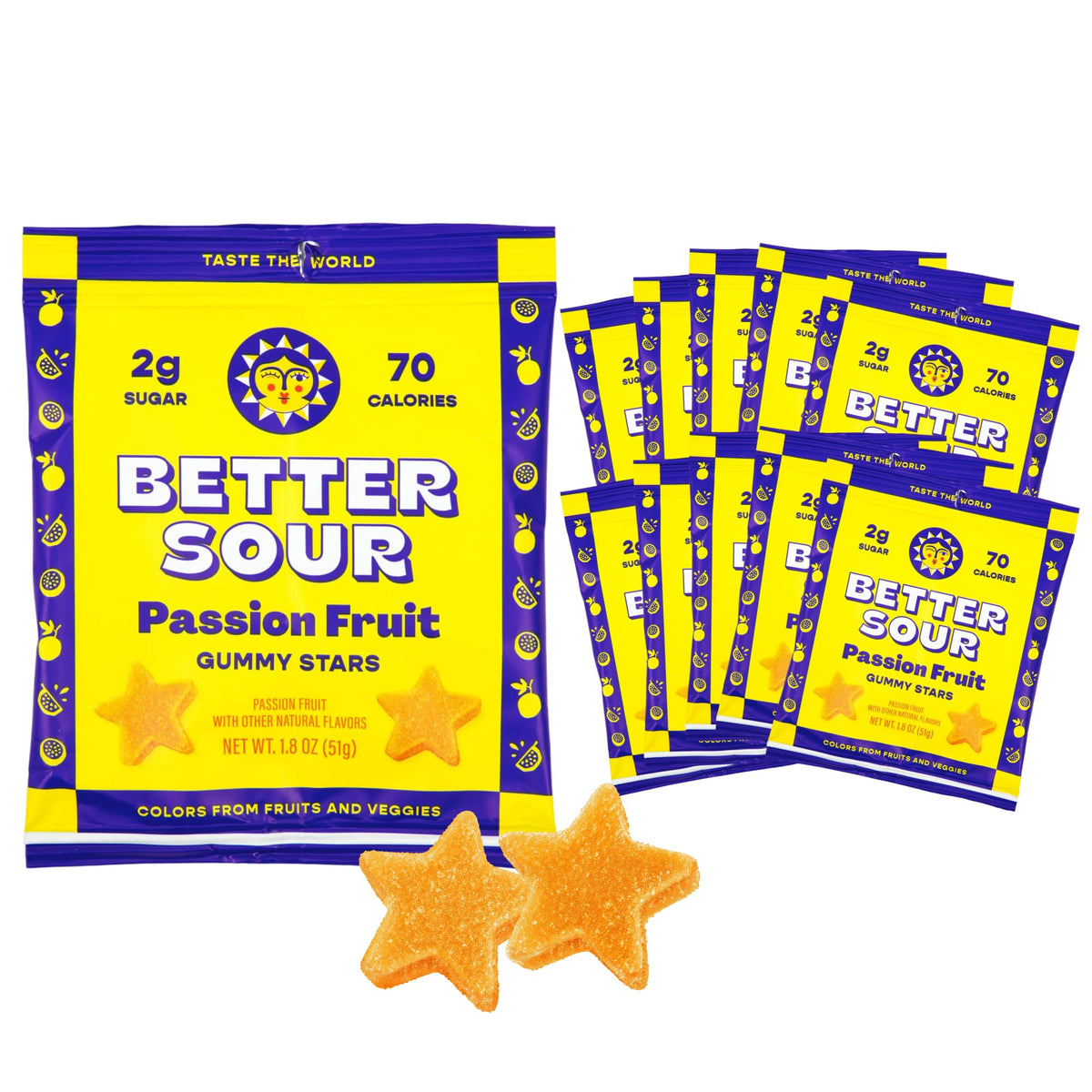 Better Sour Passion Fruit Gummy Stars pack-10, vibrant sour candies with fiber support for snacking.