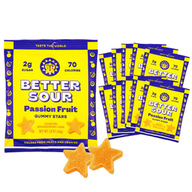 Better Sour Passion Fruit Gummy Stars pack-10, vibrant sour candies with fiber support for snacking.