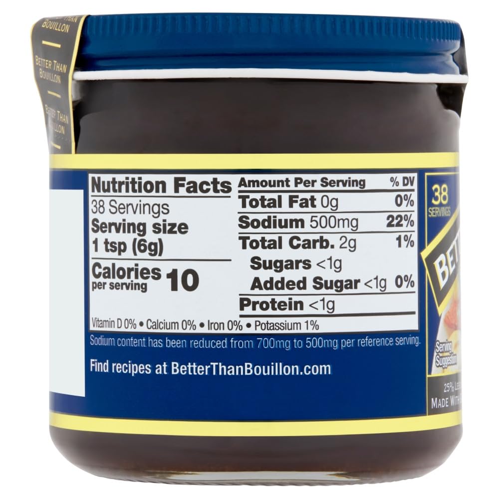 Label close-up of Better Than Bouillon beef base showing premium seasoning.