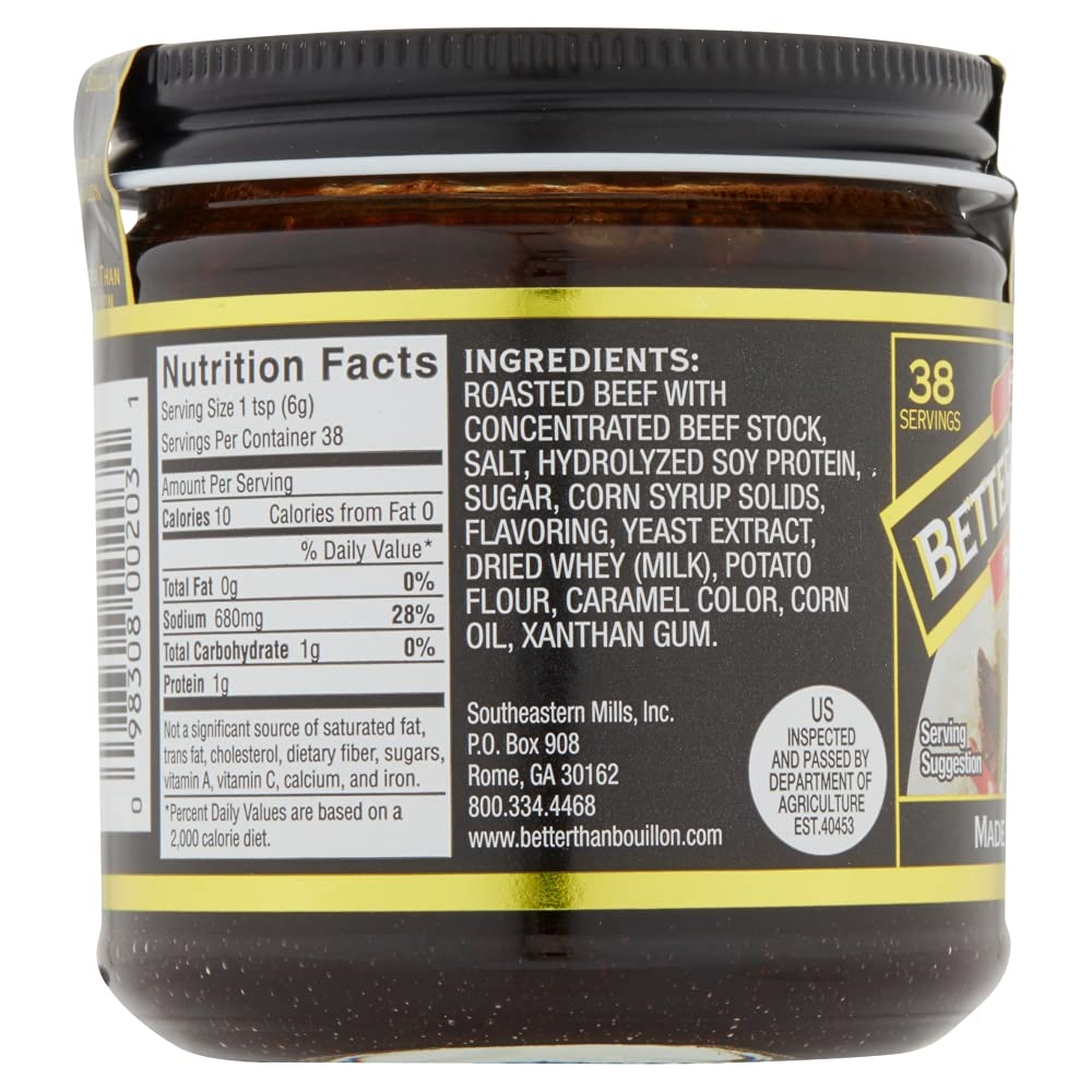 Better Than Bouillon roasted beef base label; ingredients and usage guidance.