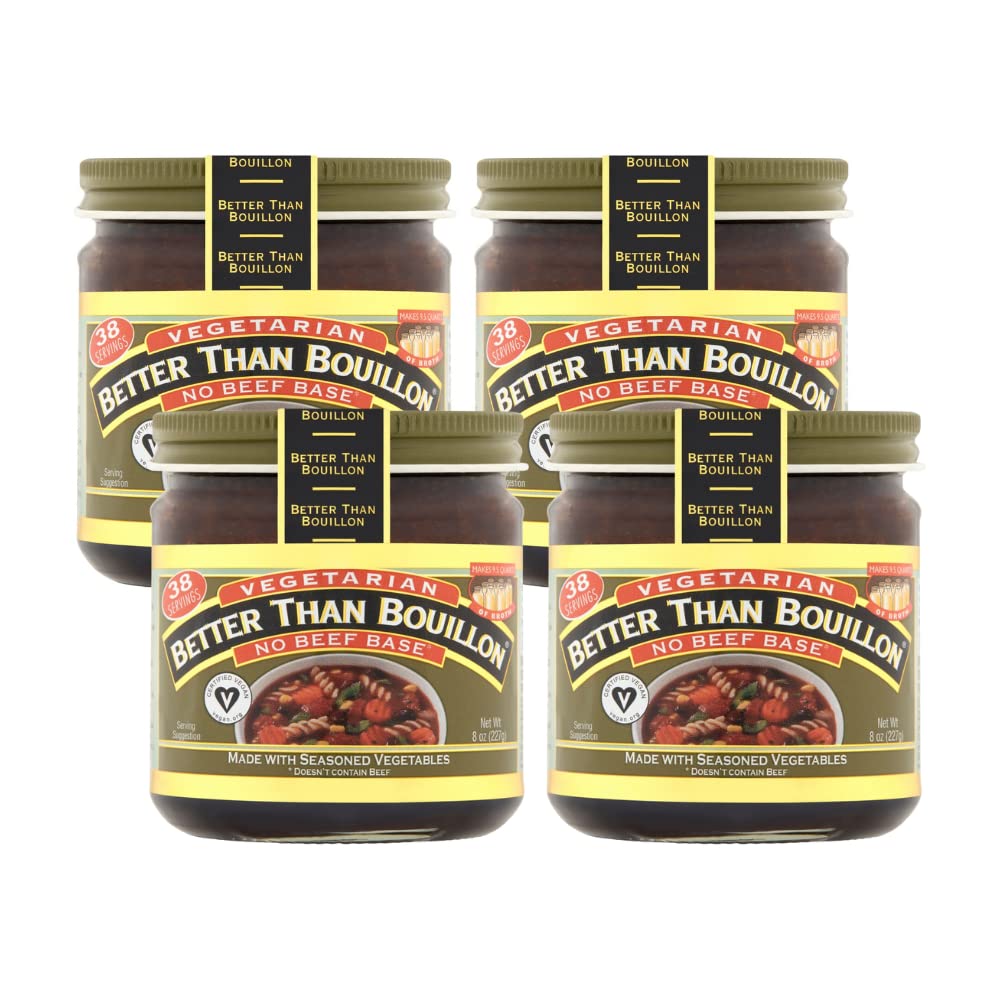 Better Than Bouillon Vegetarian No Beef base jar label close-up, vegan ingredients for rich broth.