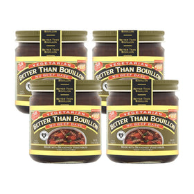 Better Than Bouillon Vegetarian No Beef base jar label close-up, vegan ingredients for rich broth.