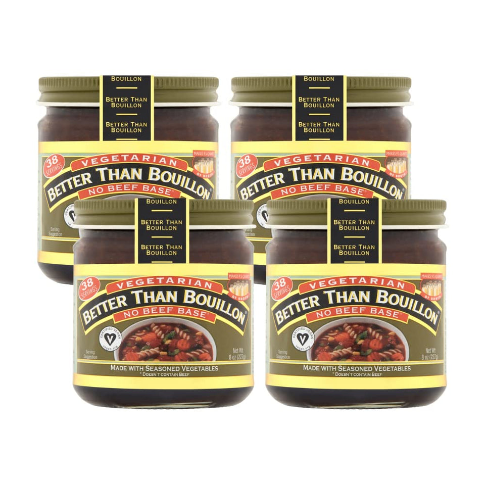 Better Than Bouillon Vegetarian No Beef base jar label close-up, vegan ingredients for rich broth.