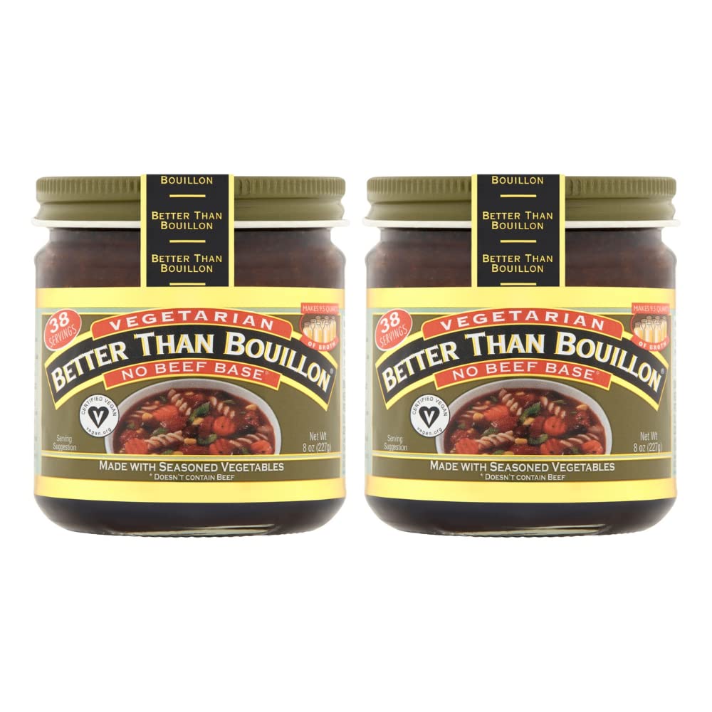 Better Than Bouillon Vegetarian No Beef Base jar shows seasoned vegetables for quick broths.