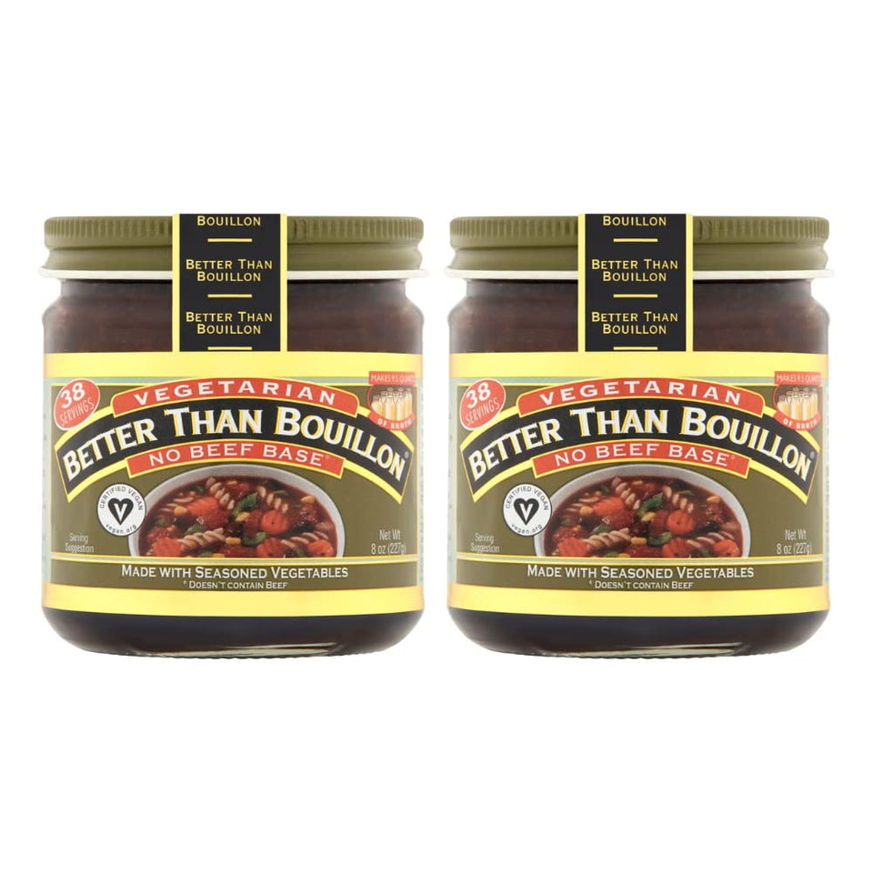 Better Than Bouillon Vegetarian No Beef Base jar shows seasoned vegetables for quick broths.