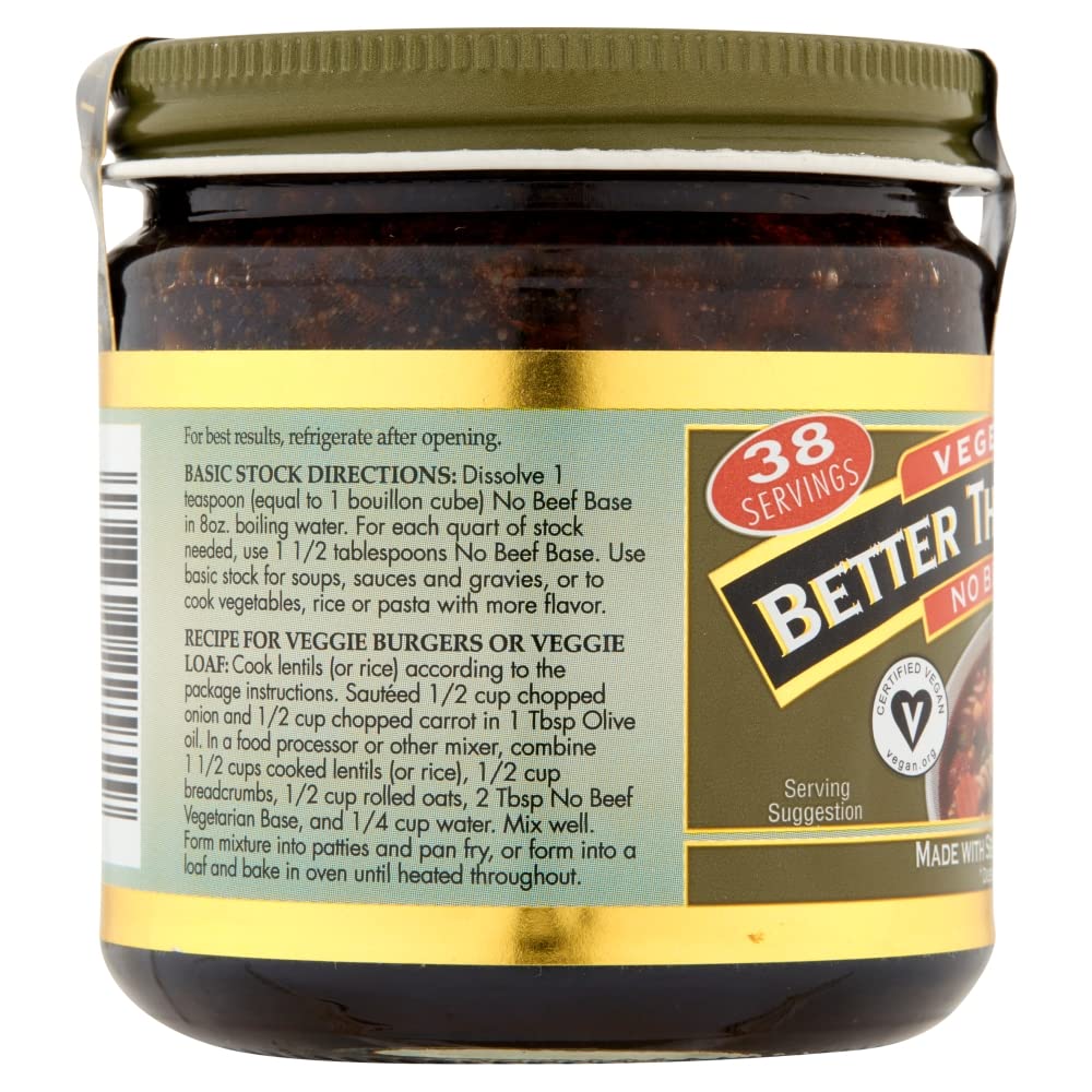 Better Than Bouillon Vegetarian No Beef Base label close-up signals vegan certification.