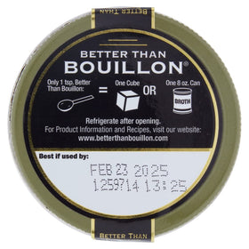 Better Than Bouillon Vegetarian No Beef base lid with recipe ideas.