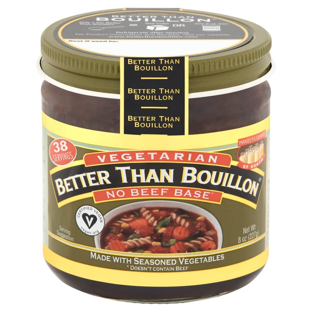 Better Than Bouillon Vegetarian No Beef base on stove with simmering pot.