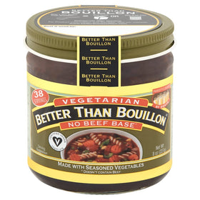 Better Than Bouillon Vegetarian No Beef base on stove with simmering pot.