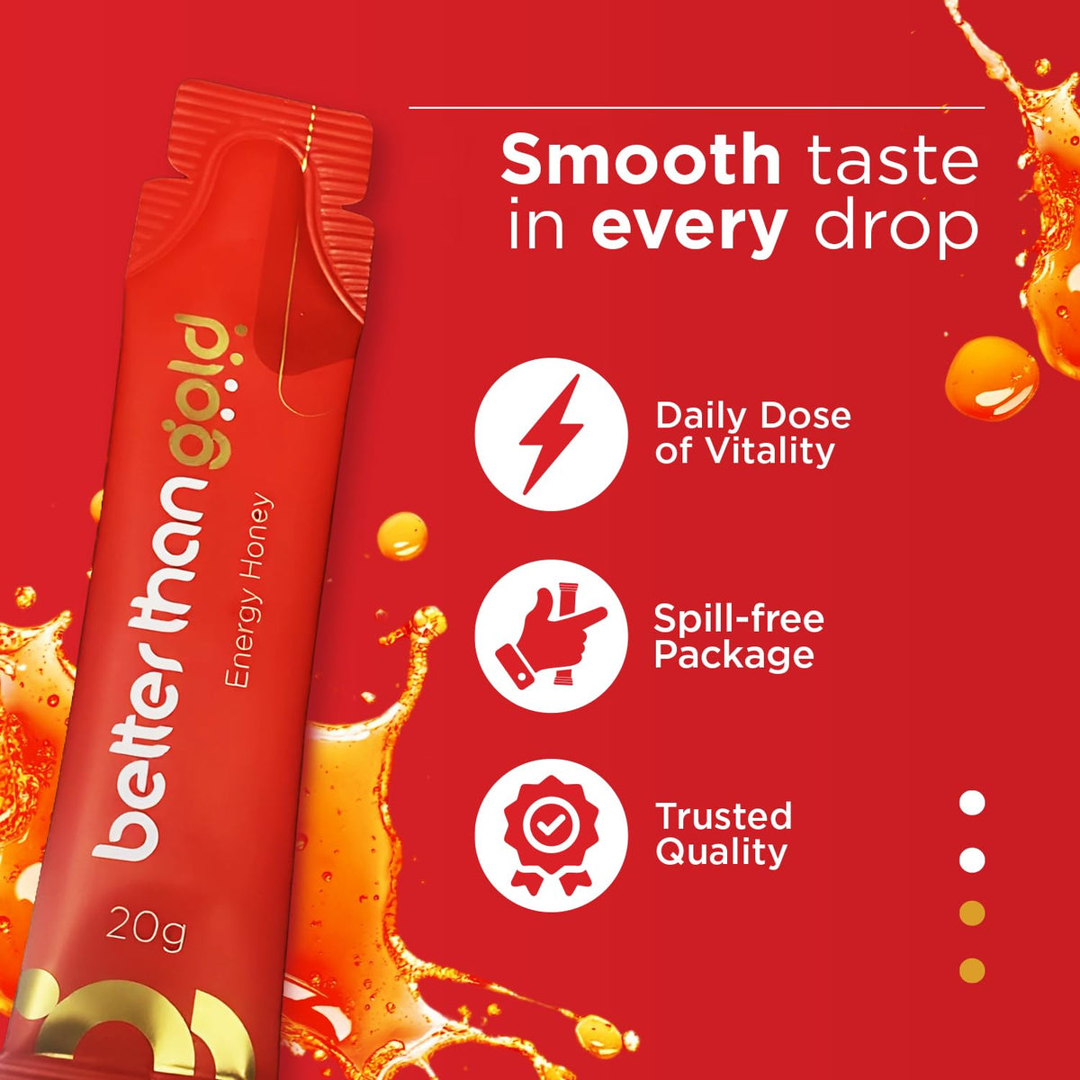 Better than Gold honey sachets open pack close-up emphasizing single-serve convenience.