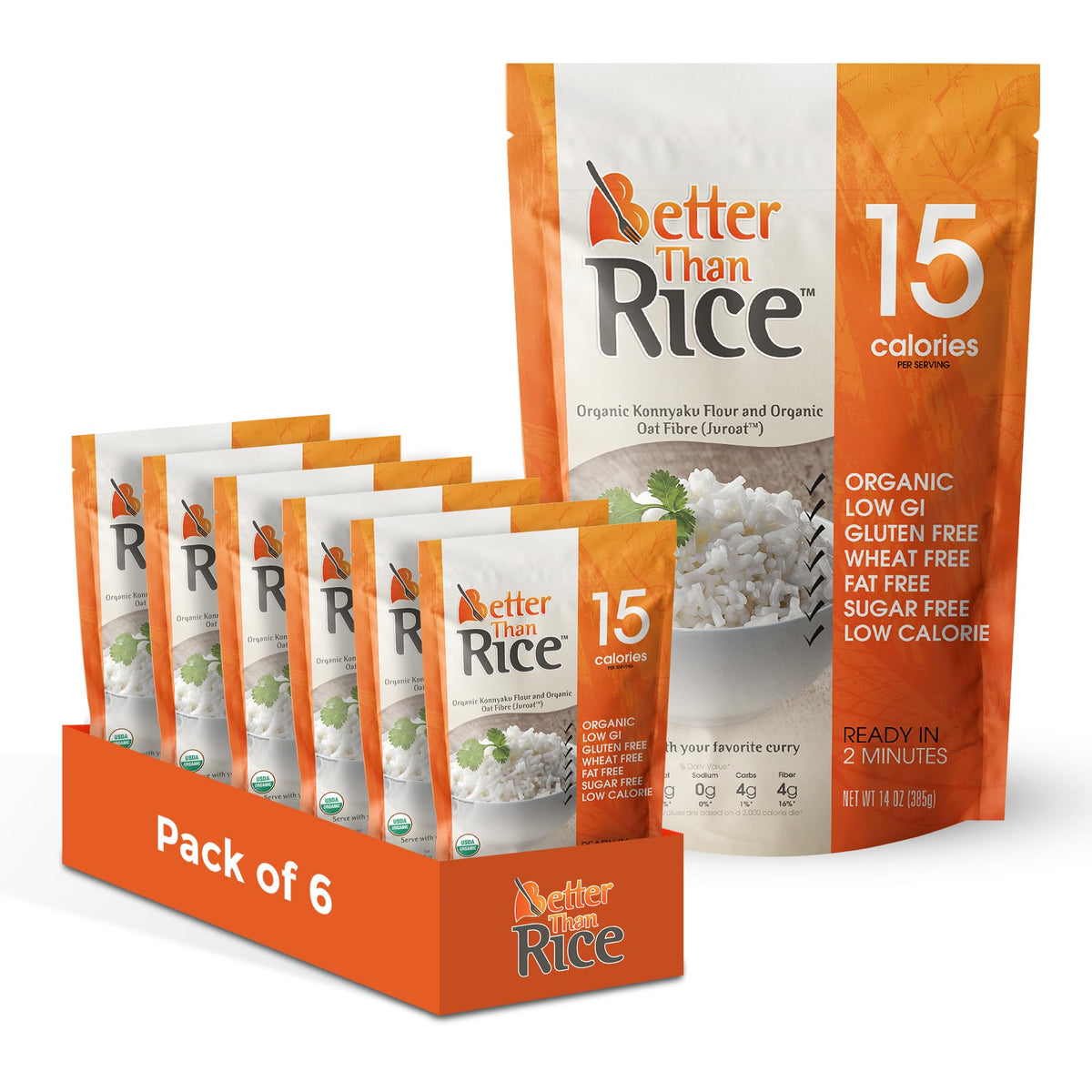 Better Than Noodles Organic Shirataki Rice 6-pack box — convenient ready-to-eat base.
