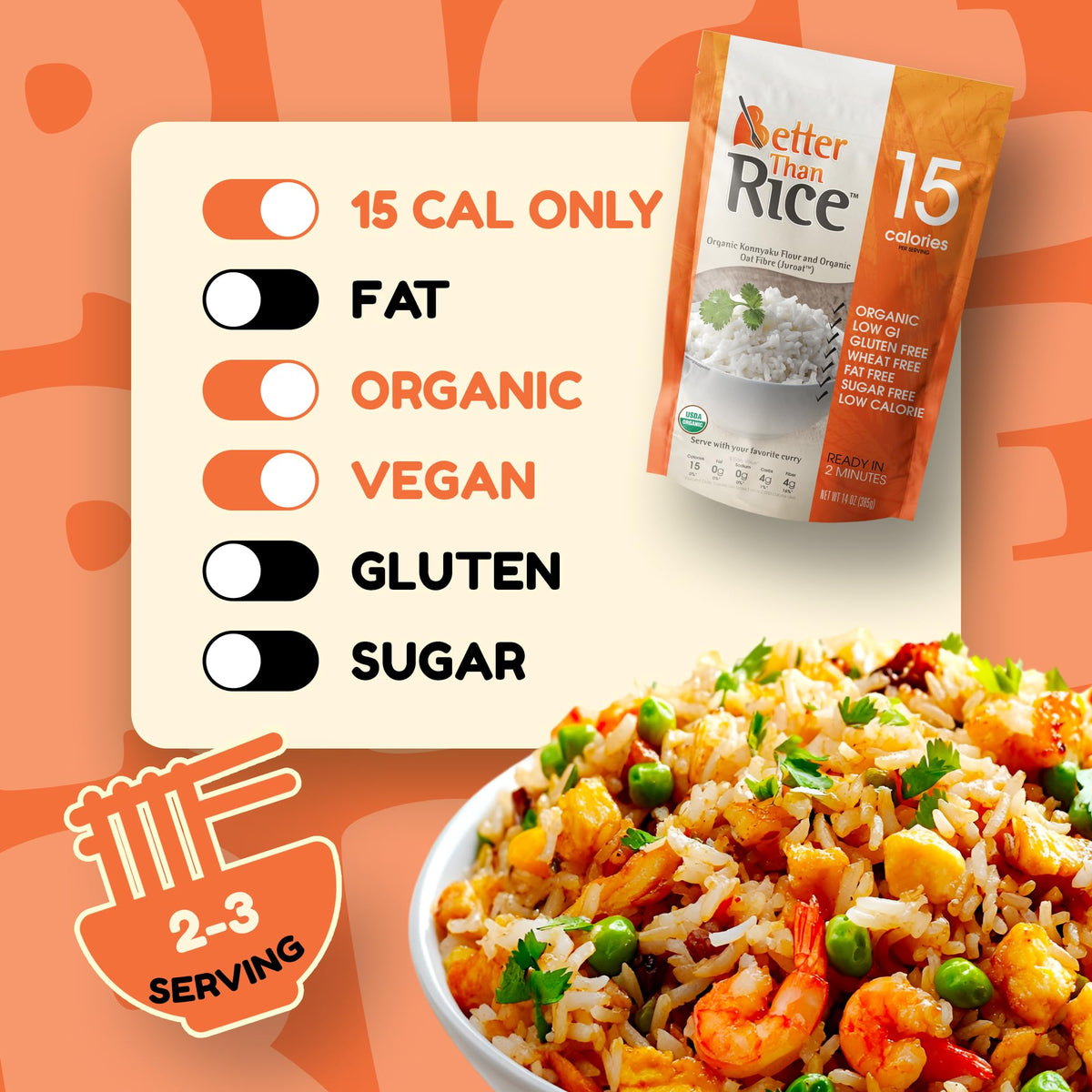 Better Than Noodles Organic Shirataki Rice with neutral taste for versatile recipes.