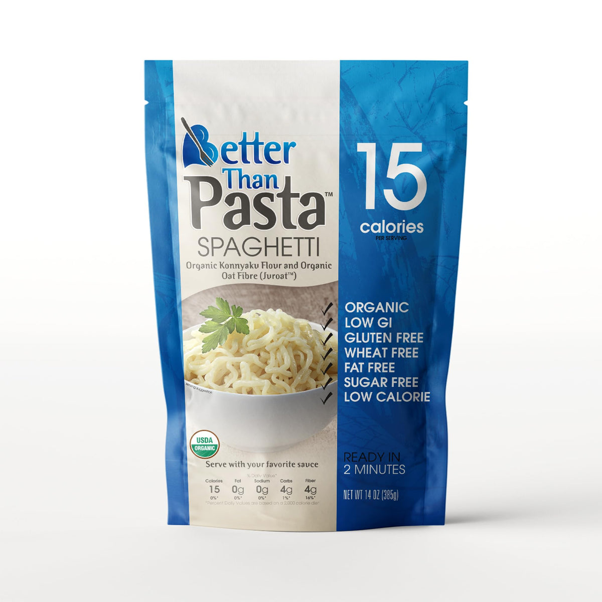 Better Than Noodles organic shirataki spaghetti pack back highlights organic certification and simple konjac ingredients for healthier meal bases