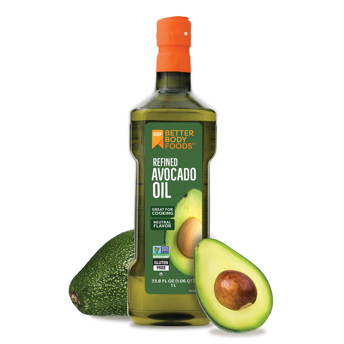 BetterBody Foods avocado oil bottle pouring for high-heat cooking and dressings.