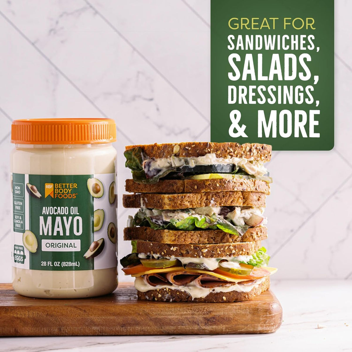 BetterBody Avocado Oil Mayo jar closeup emphasizing non-GMO and soy-free formula