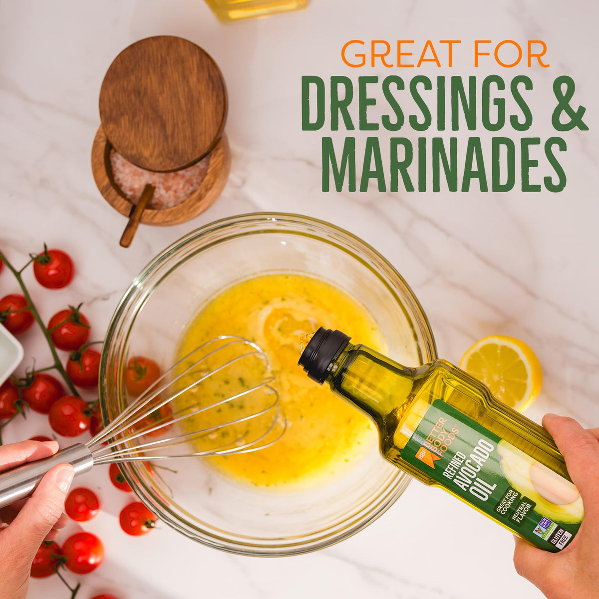 BetterBody Foods avocado oil on salad dish base for fresh, light dressings.
