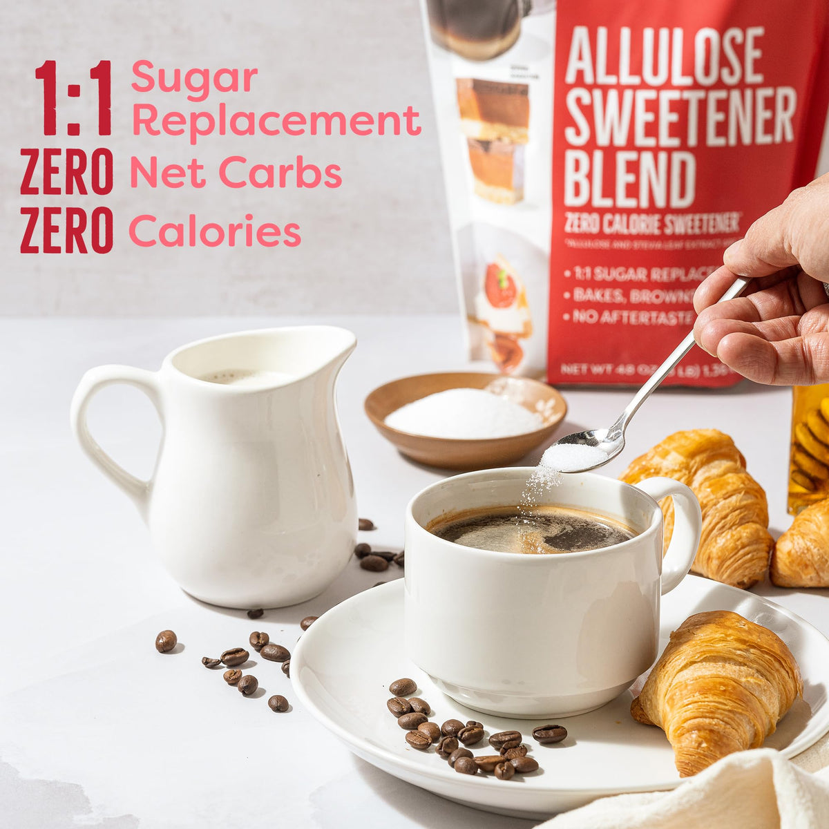 Close-up of BetterBody Foods Allulose bag granules highlighting 1:1 sugar replacement.