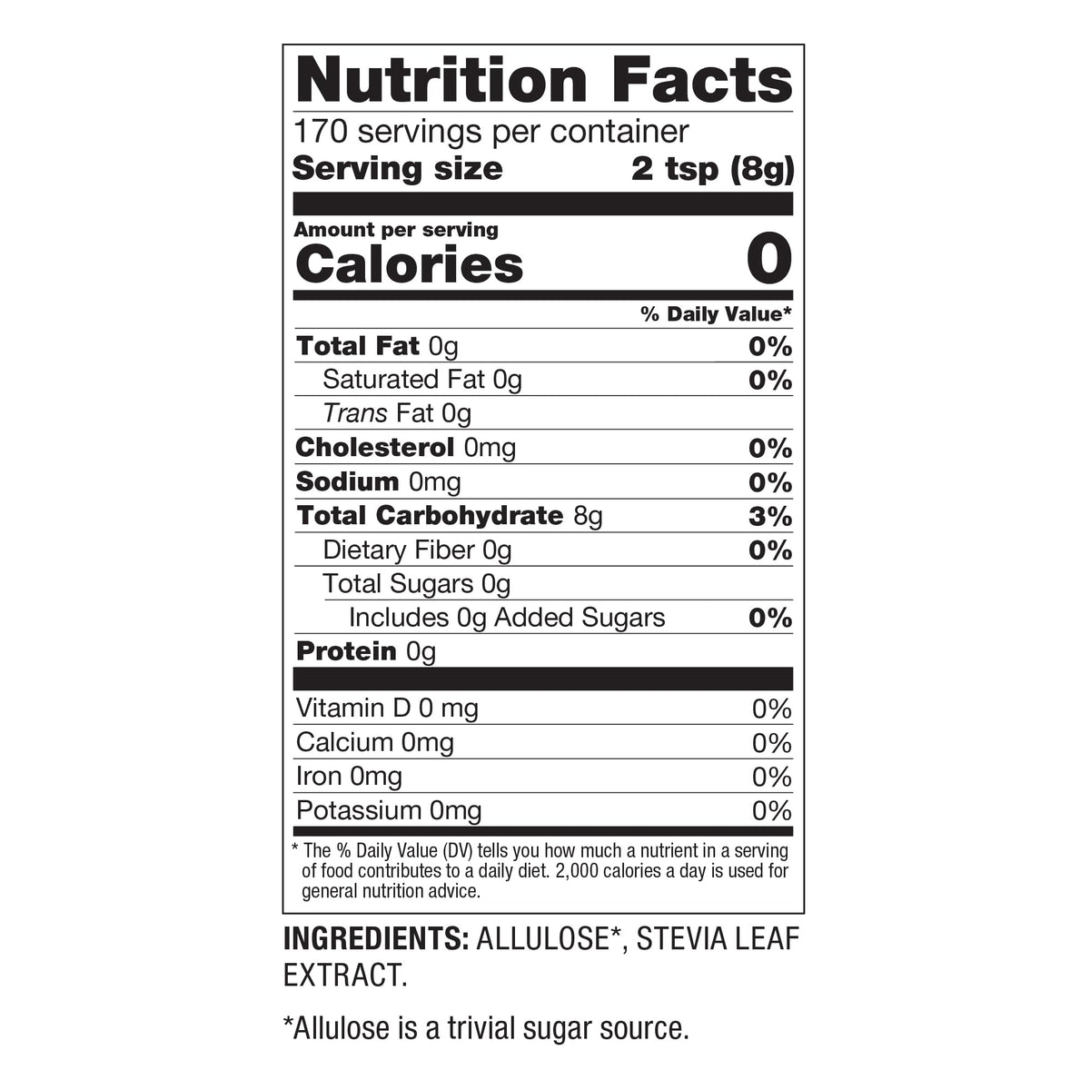 Nutrition label on BetterBody Foods Allulose allulose bag emphasizing zero calories and zero net carbs.
