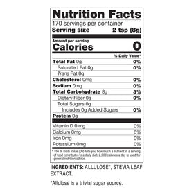 Nutrition label on BetterBody Foods Allulose allulose bag emphasizing zero calories and zero net carbs.
