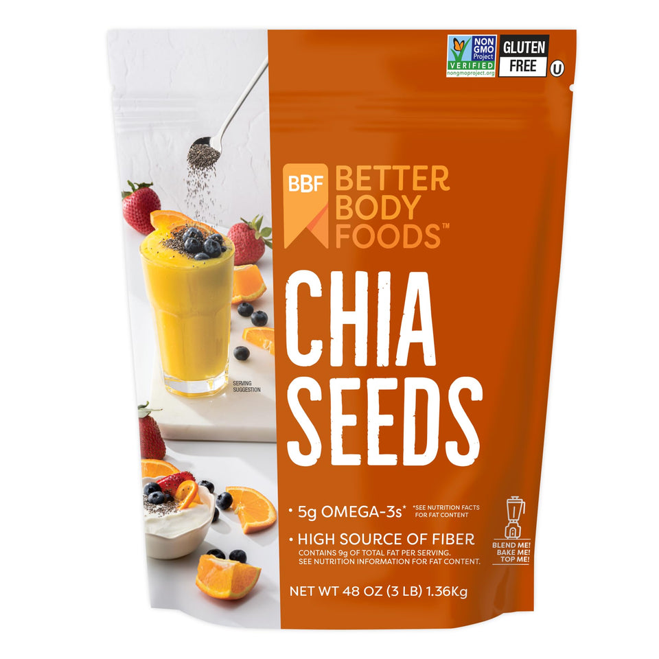BetterBody Foods chia seeds bag closeup highlighting gluten-free, non-GMO quality.