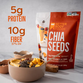 BetterBody Foods chia seeds on spoon over yogurt for fiber boost.
