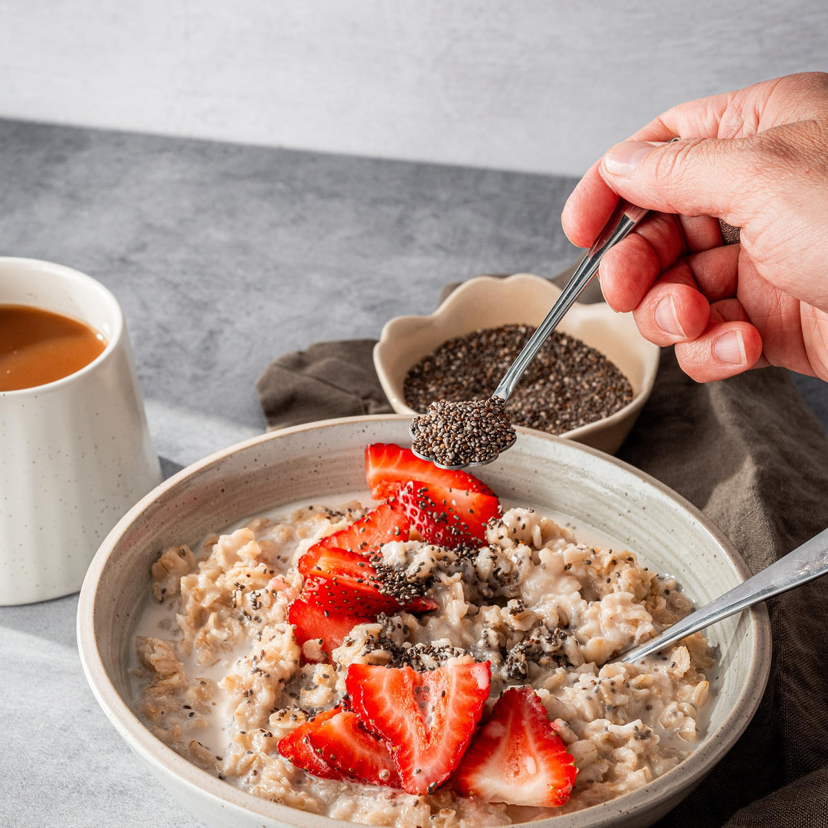 BetterBody Foods chia seeds poured into bowl for texture.