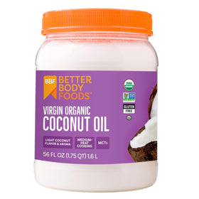 BetterBody Foods coconut oil bottle pouring for cooking and baking versatility.