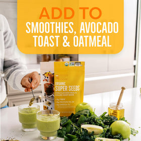 BetterBody Foods hemp seeds pour shot highlighting essential fatty acids.