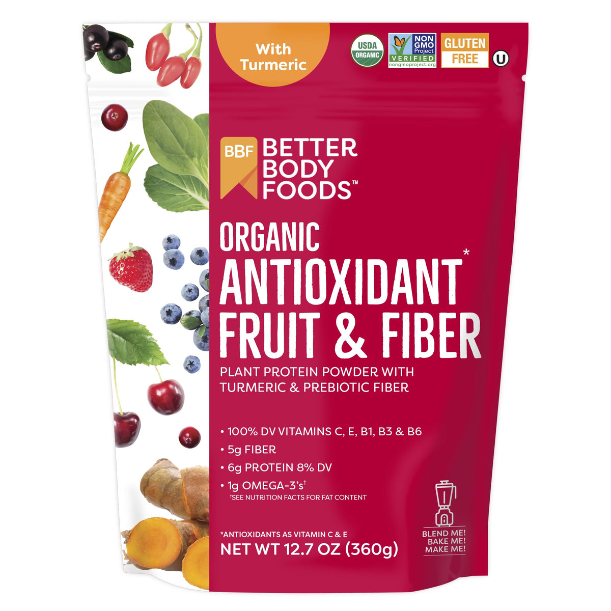 BetterBody Foods Organic Antioxidant Blend bottle pouring for daily nutrition