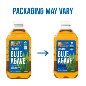 Pouring BetterBody Foods Organic Blue Agave Nectar to sweeten drinks.
