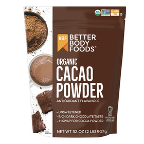 BetterBody Foods Organic Cacao Powder 32 oz bag enhances baking and smoothies.