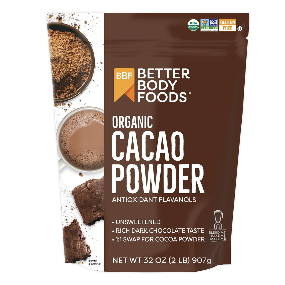 BetterBody Foods Organic Cacao Powder 32 oz bag enhances baking and smoothies.