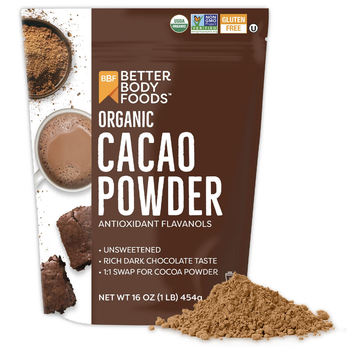 BetterBody Foods Organic Cacao Powder bag showing pure cacao, single-ingredient quality