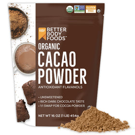 BetterBody Foods Organic Cacao Powder bag showing pure cacao, single-ingredient quality