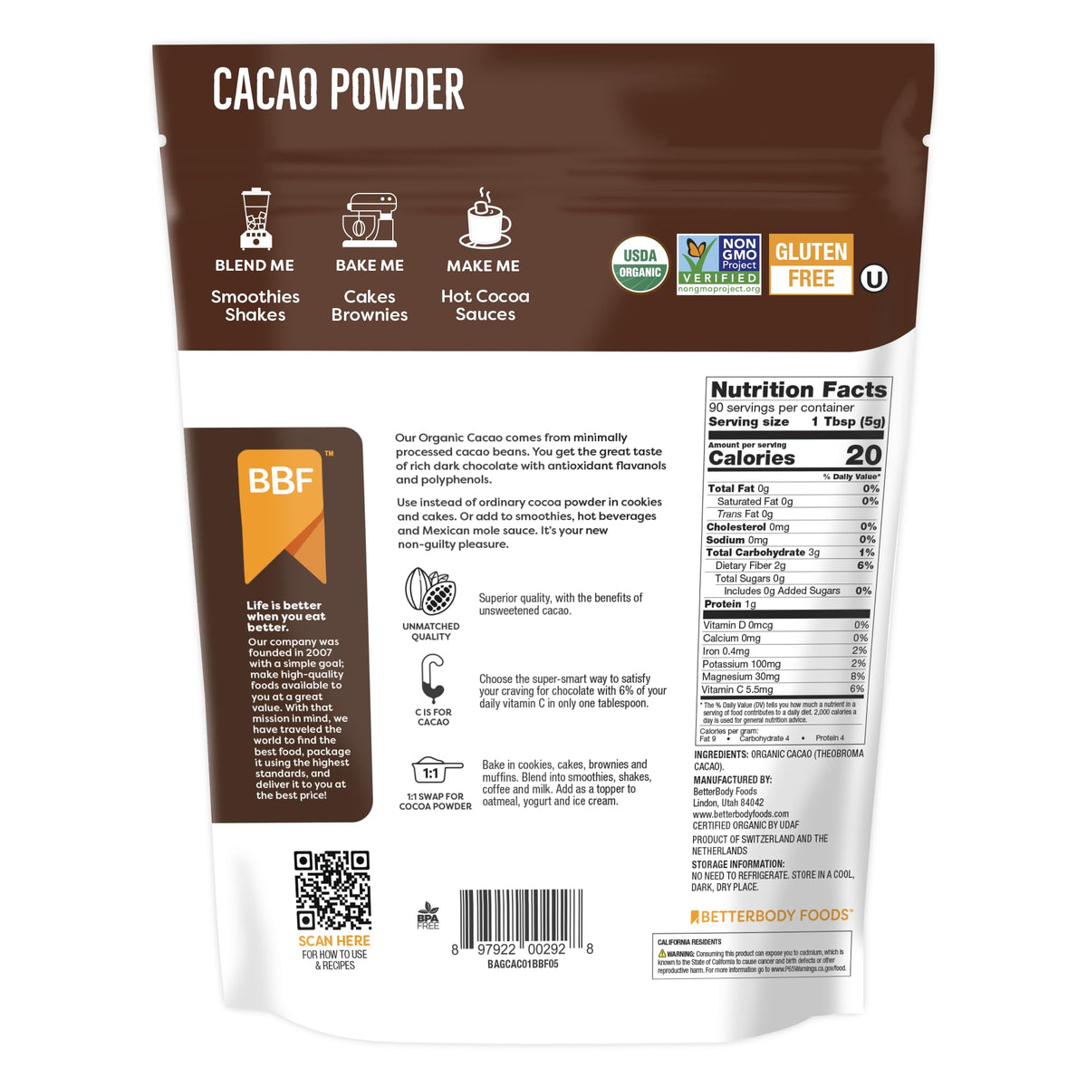 BetterBody Foods Organic Cacao Powder blended into a smoothie
