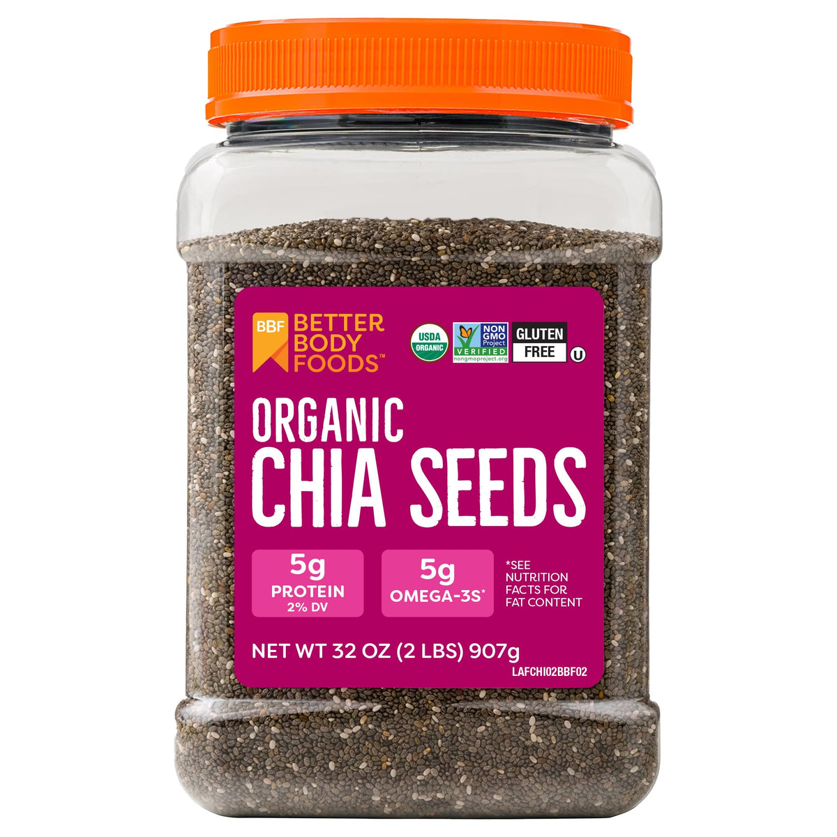 BetterBody Foods Organic Chia Seeds 2lbs bag – fiber-rich boost for meals.
